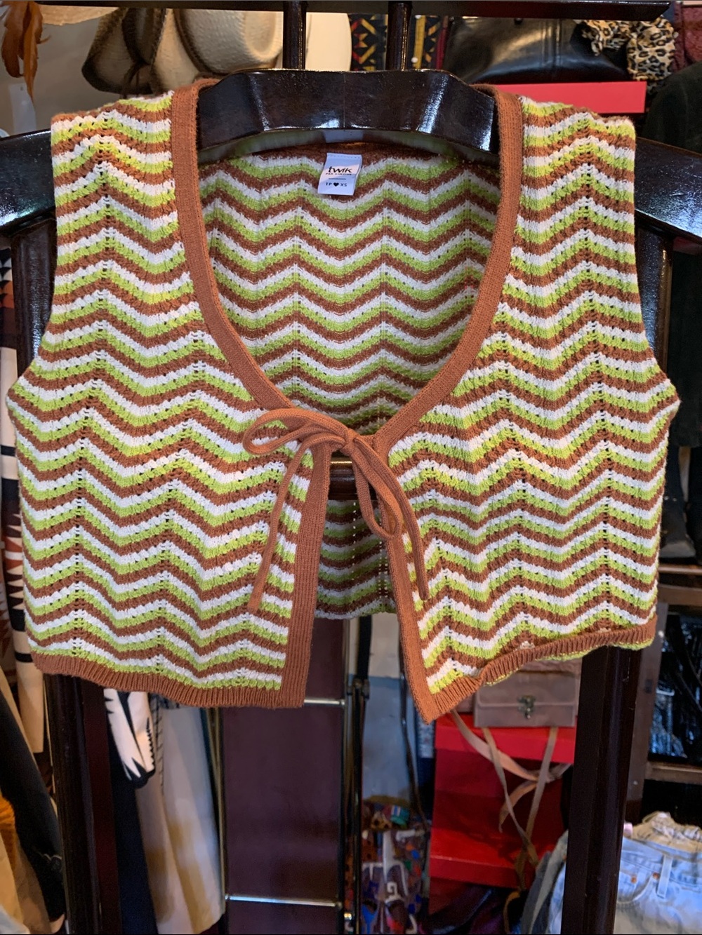 Chevron Knit Tie-Front Vest in Brown & Green